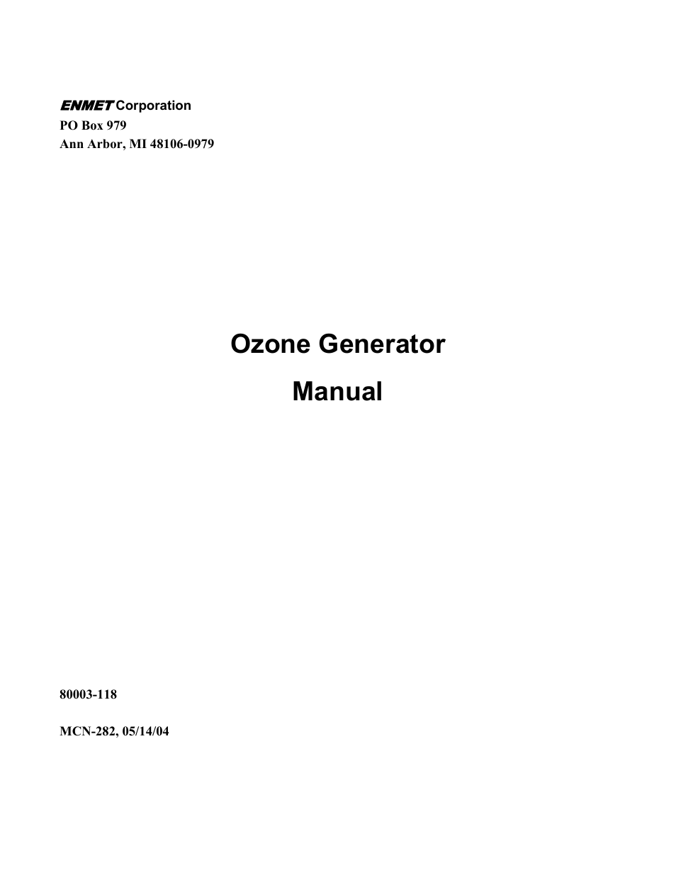 ENMET Ozone Generator User Manual | 16 pages