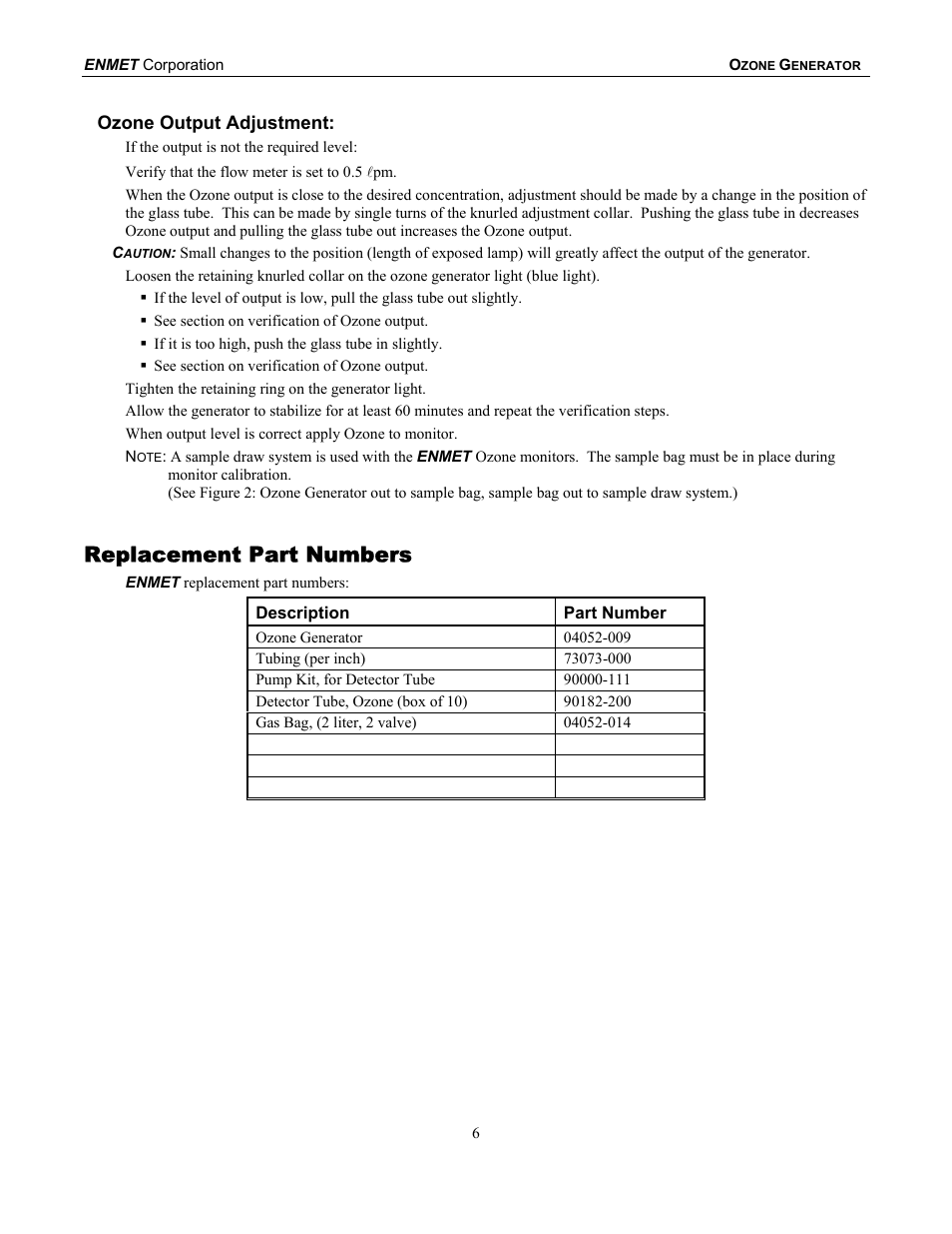 Replacement part numbers | ENMET Ozone Generator User Manual | Page 10 / 16