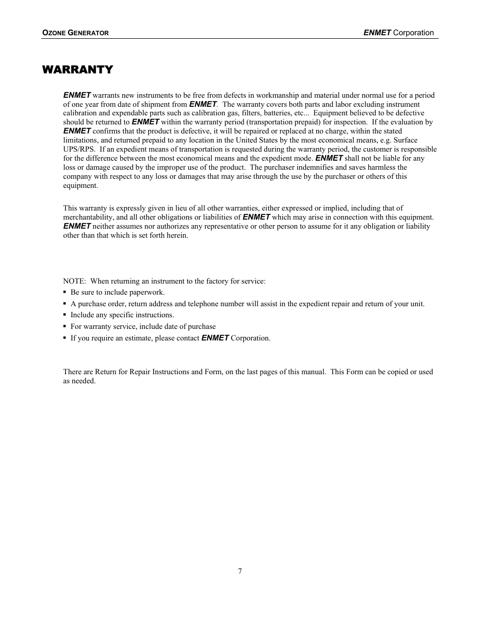 Warranty | ENMET Ozone Generator User Manual | Page 11 / 16