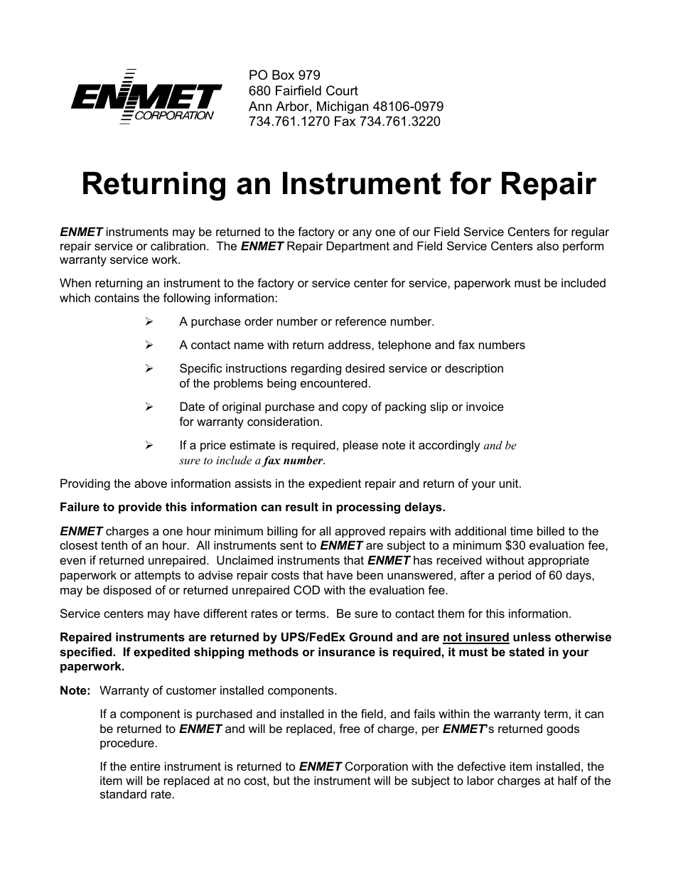Returning an instrument for repair | ENMET Ozone Generator User Manual | Page 13 / 16