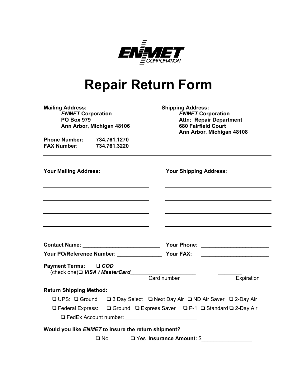Repair return form | ENMET Ozone Generator User Manual | Page 15 / 16
