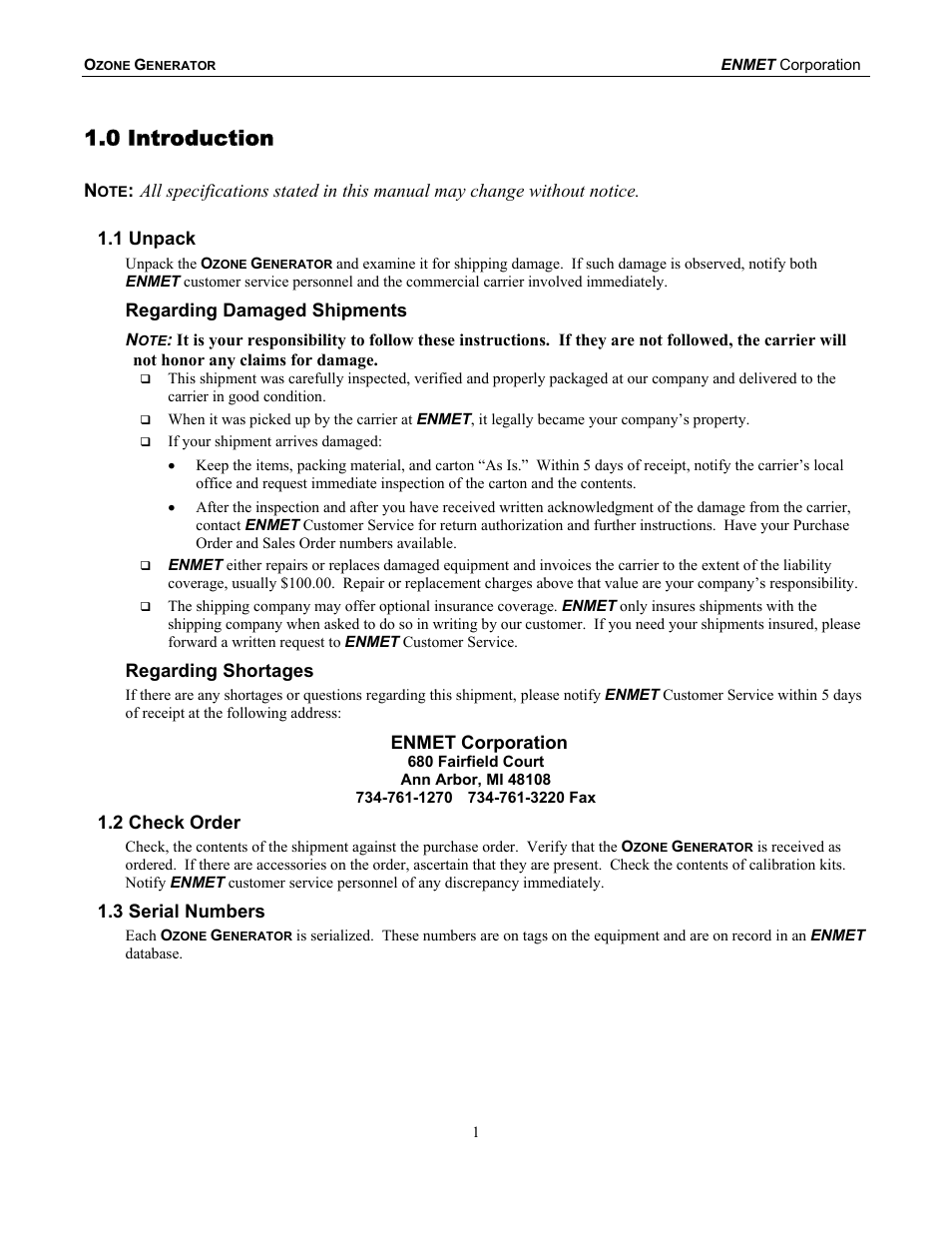 0 introduction | ENMET Ozone Generator User Manual | Page 5 / 16