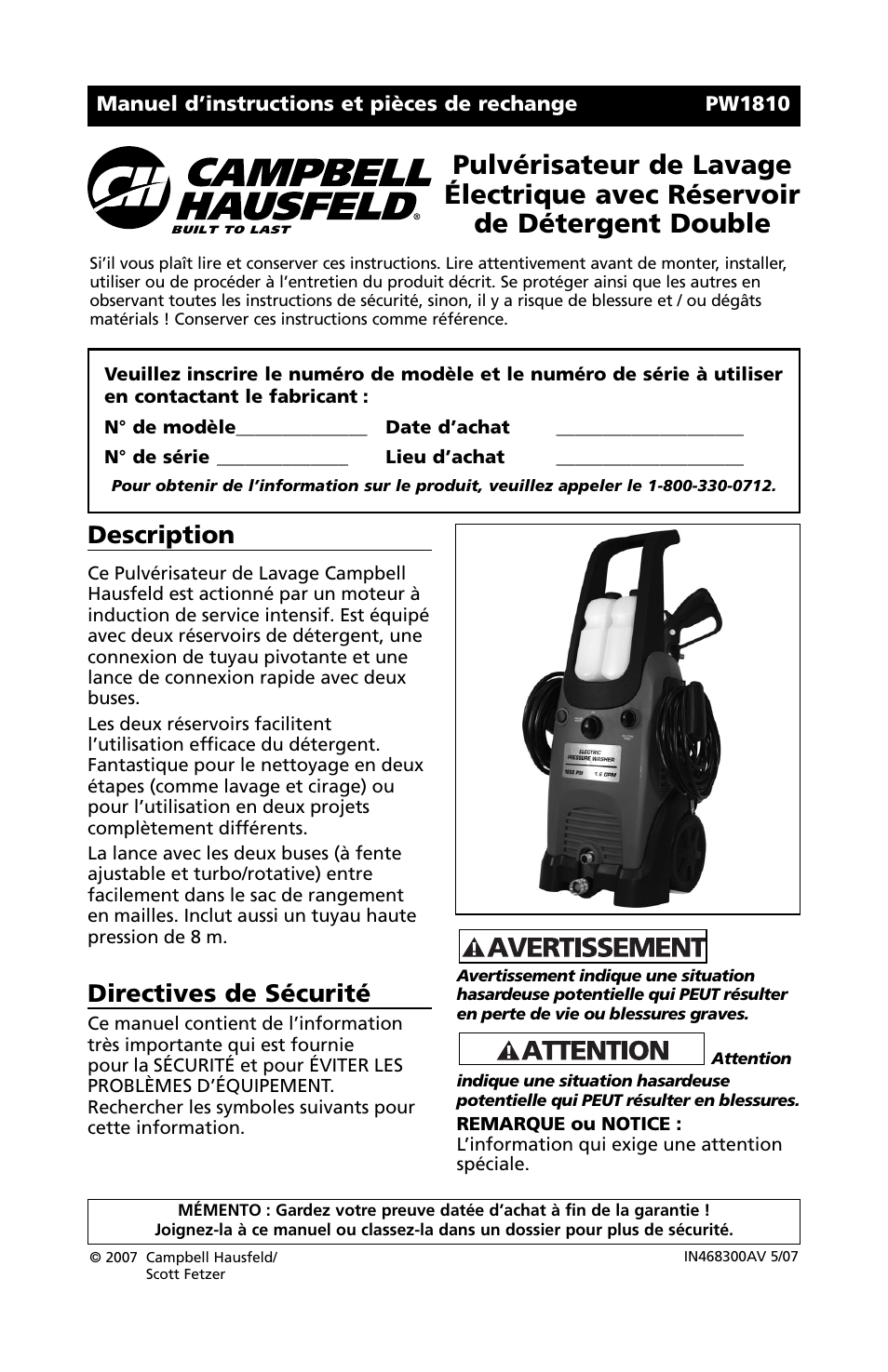 Description, Directives de sécurité | Campbell Hausfeld PW1810 User Manual | Page 13 / 48