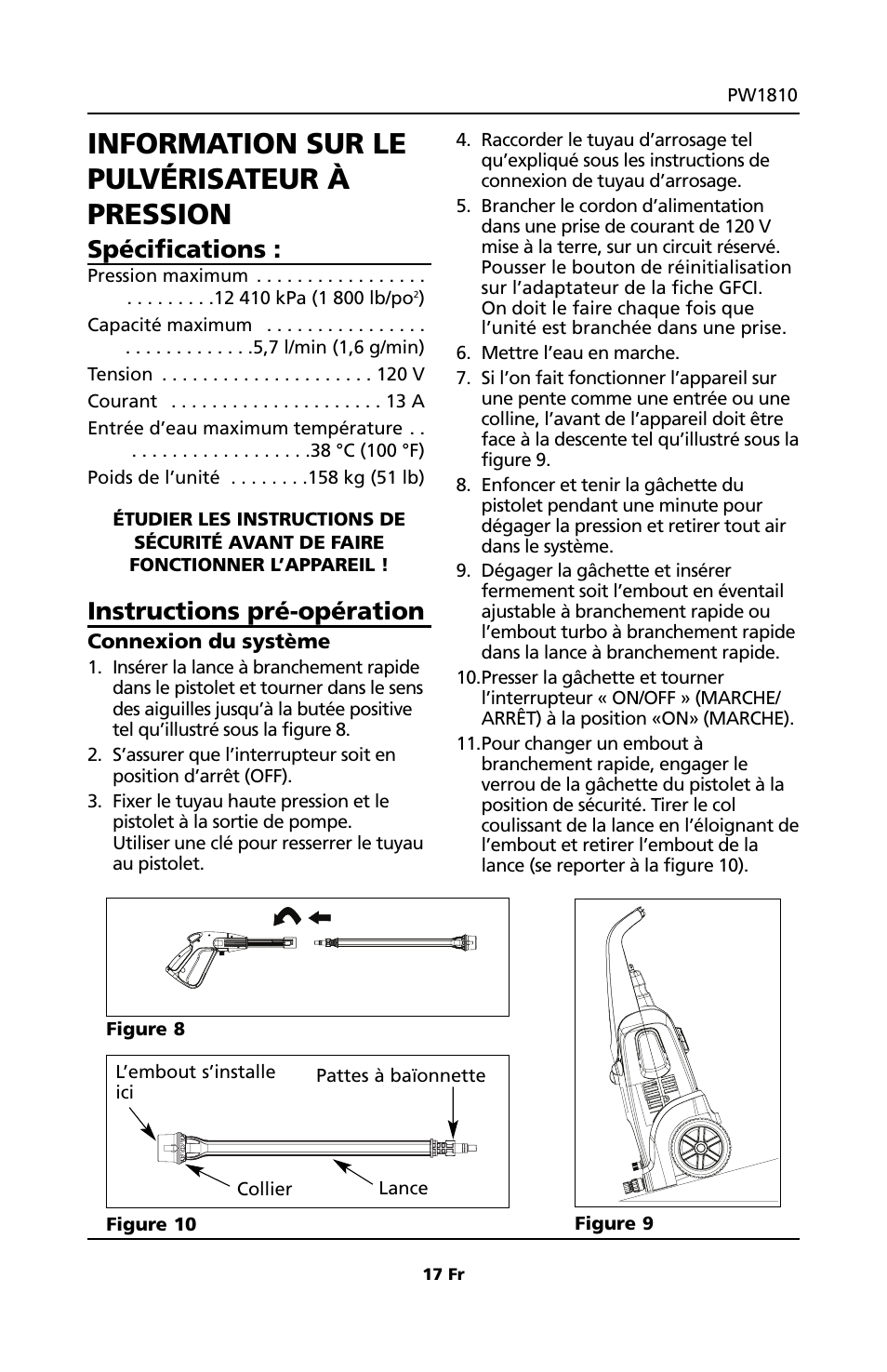 Information sur le pulvérisateur à pression, Spécifications, Instructions pré-opération | Campbell Hausfeld PW1810 User Manual | Page 17 / 48