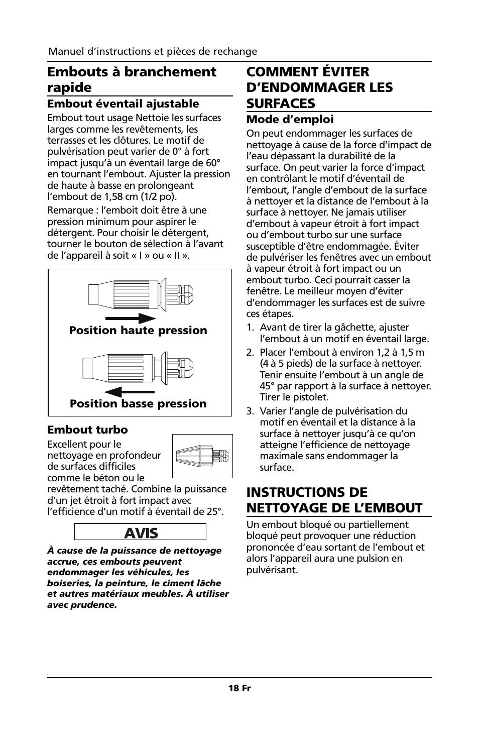 Embouts à branchement rapide, Comment éviter d’endommager les surfaces, Instructions de nettoyage de l’embout | Campbell Hausfeld PW1810 User Manual | Page 18 / 48