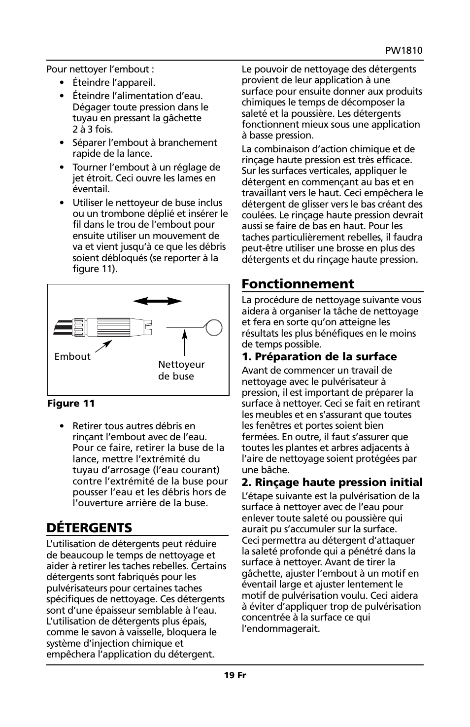 Détergents, Fonctionnement | Campbell Hausfeld PW1810 User Manual | Page 19 / 48