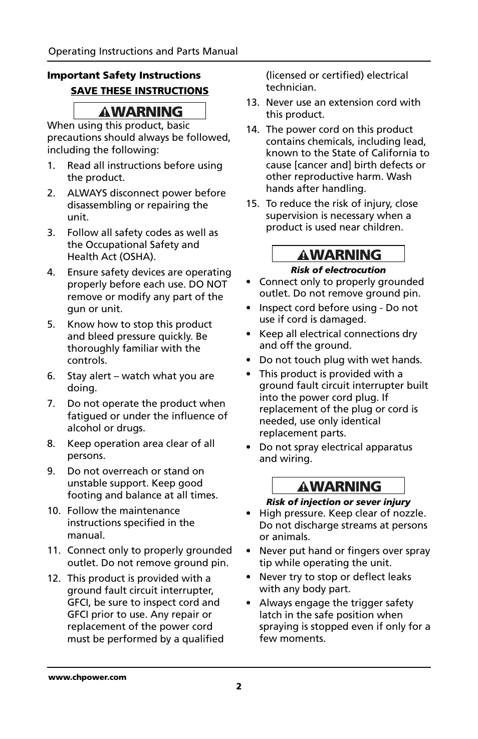 Campbell Hausfeld PW1810 User Manual | Page 2 / 48