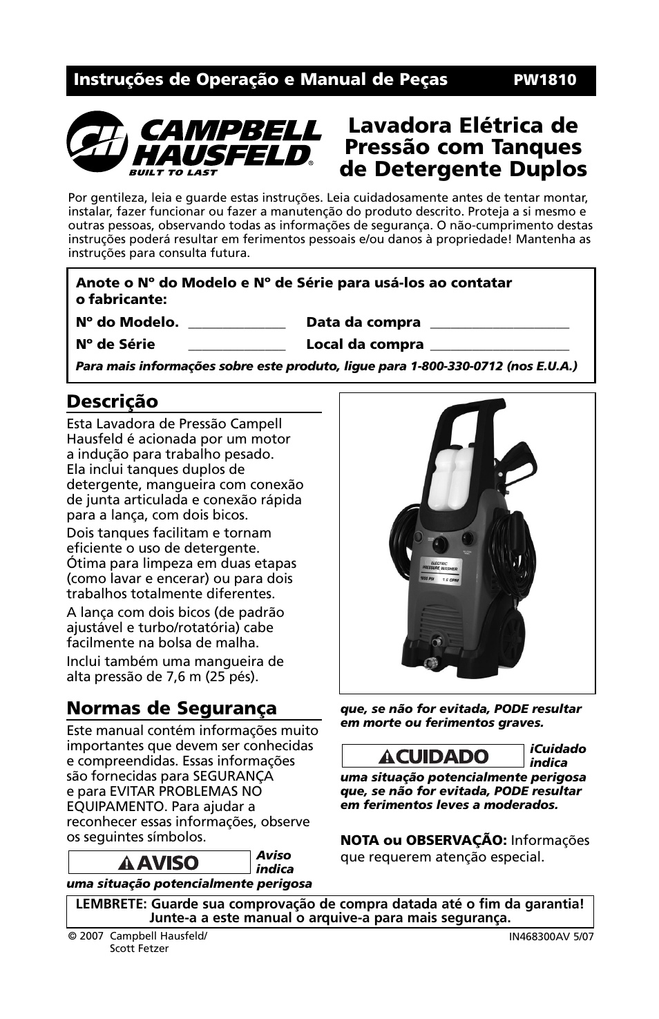 Descrição, Normas de segurança, Instruções de operação e manual de peças | Campbell Hausfeld PW1810 User Manual | Page 25 / 48