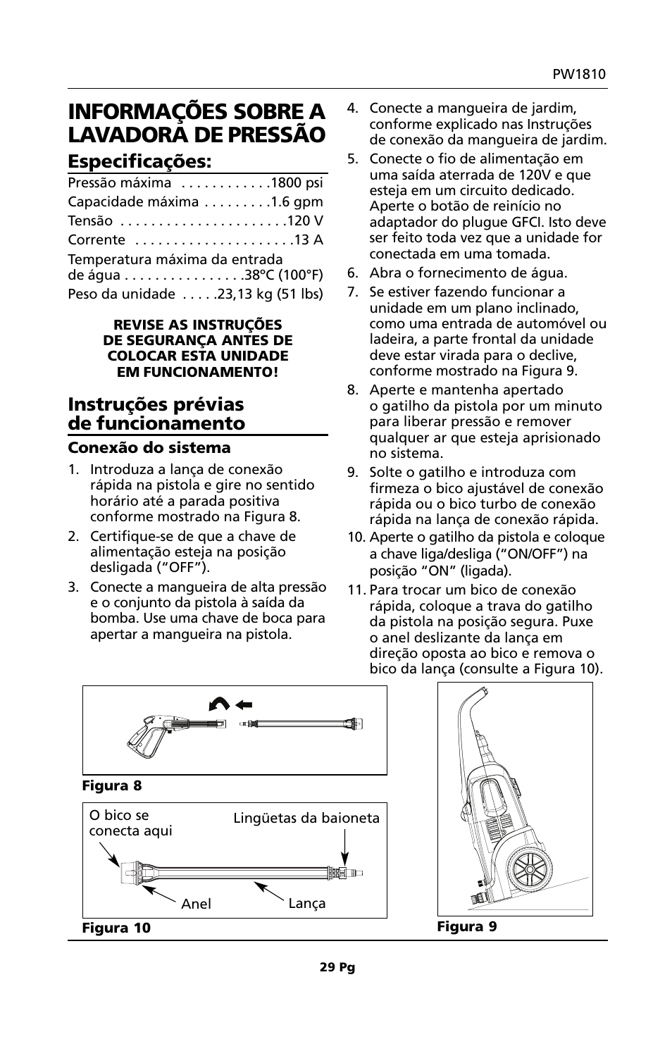Informações sobre a lavadora de pressão, Especificações, Instruções prévias de funcionamento | Campbell Hausfeld PW1810 User Manual | Page 29 / 48