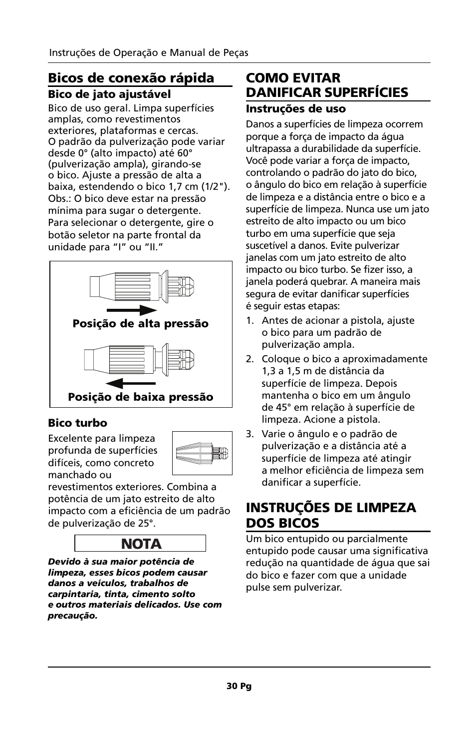 Bicos de conexão rápida, Como evitar danificar superfícies, Instruções de limpeza dos bicos | Campbell Hausfeld PW1810 User Manual | Page 30 / 48