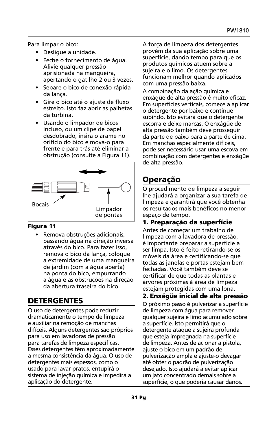 Detergentes, Operação | Campbell Hausfeld PW1810 User Manual | Page 31 / 48