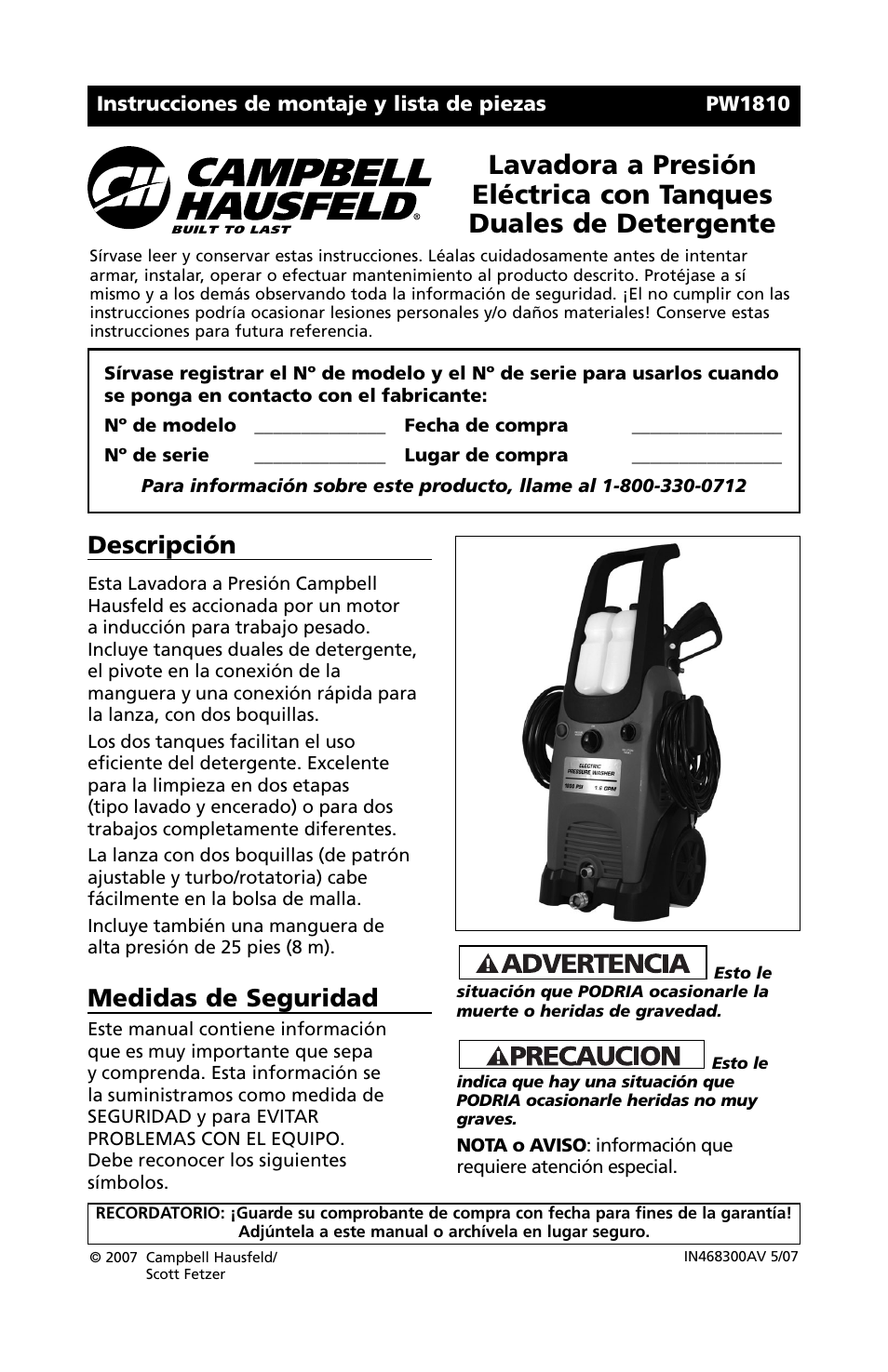 Descripción, Medidas de seguridad | Campbell Hausfeld PW1810 User Manual | Page 37 / 48