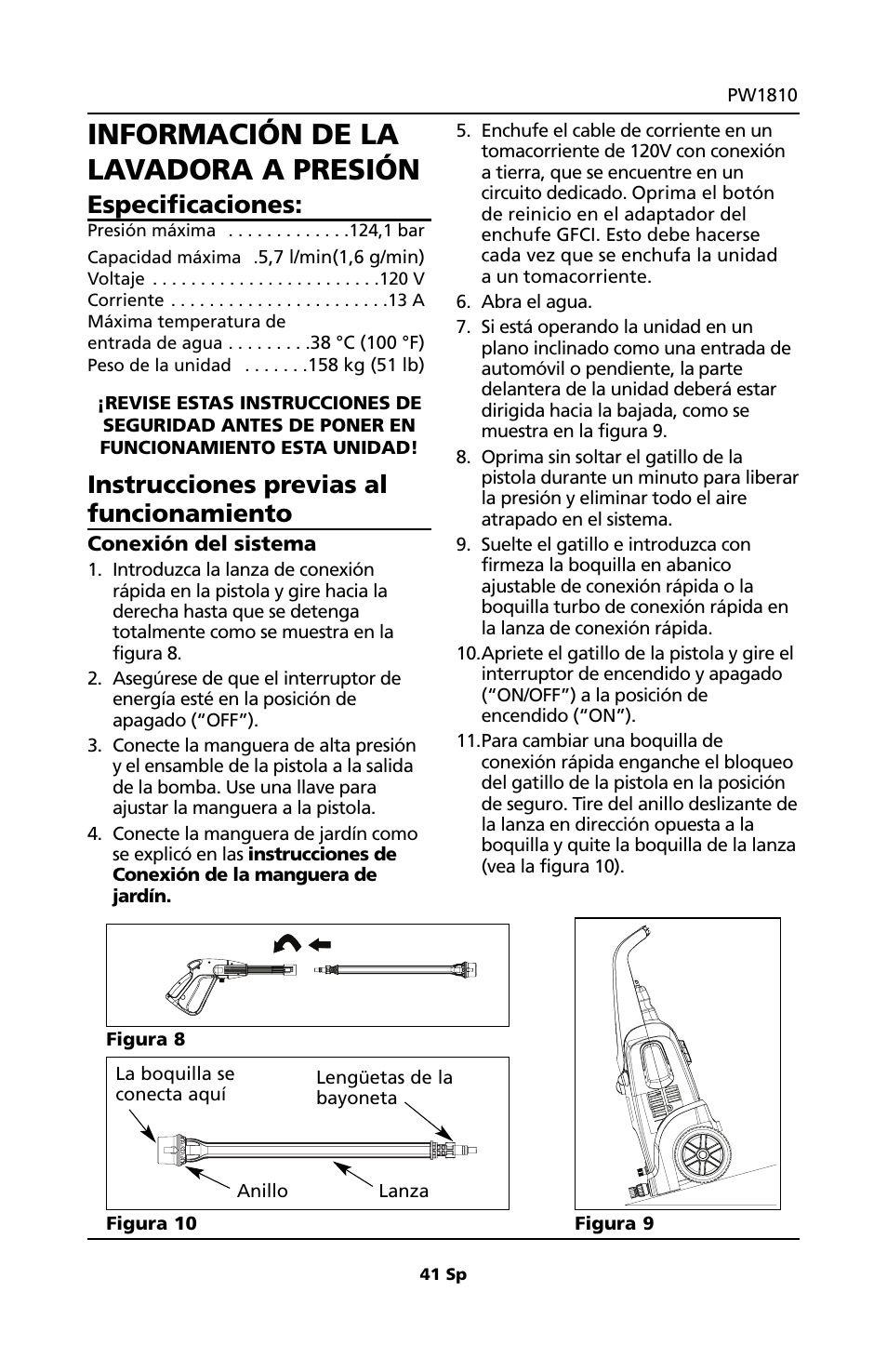 Información de la lavadora a presión, Especificaciones, Instrucciones previas al funcionamiento | Campbell Hausfeld PW1810 User Manual | Page 41 / 48