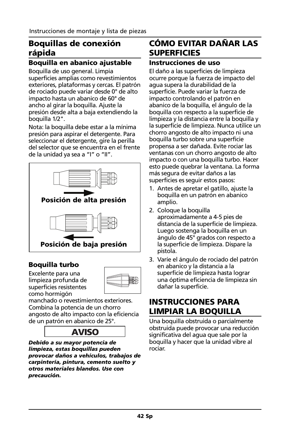 Boquillas de conexión rápida, Cómo evitar dañar las superficies, Instrucciones para limpiar la boquilla | Campbell Hausfeld PW1810 User Manual | Page 42 / 48