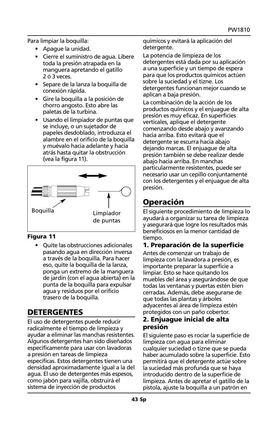 Detergentes, Operación | Campbell Hausfeld PW1810 User Manual | Page 43 / 48