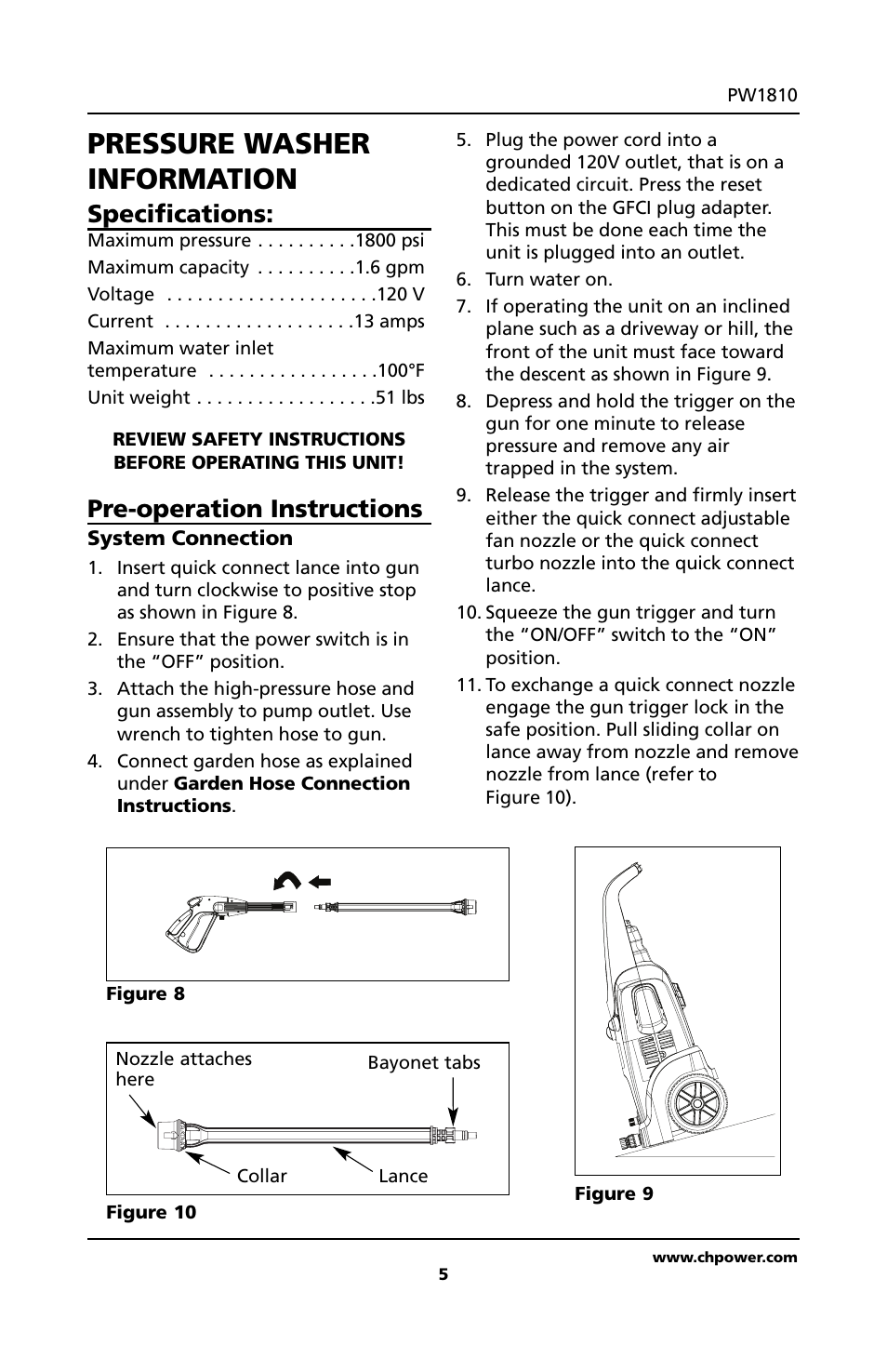 Pressure washer information, Specifications, Pre-operation instructions | Campbell Hausfeld PW1810 User Manual | Page 5 / 48