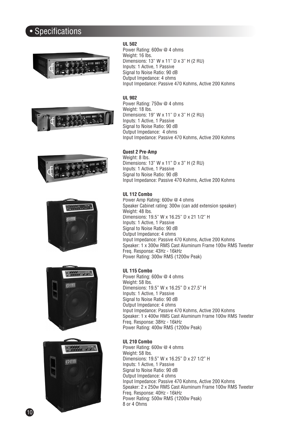 Specifi cations | Epifani UL Series User Manual | Page 10 / 12