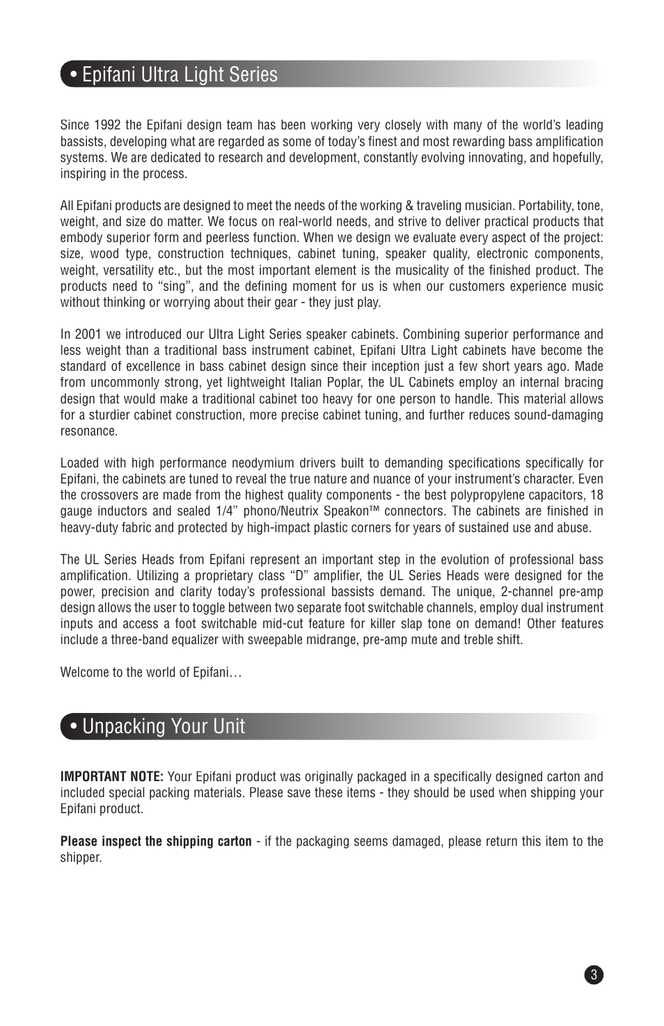 Epifani ultra light series, Unpacking your unit | Epifani UL Series User Manual | Page 3 / 12