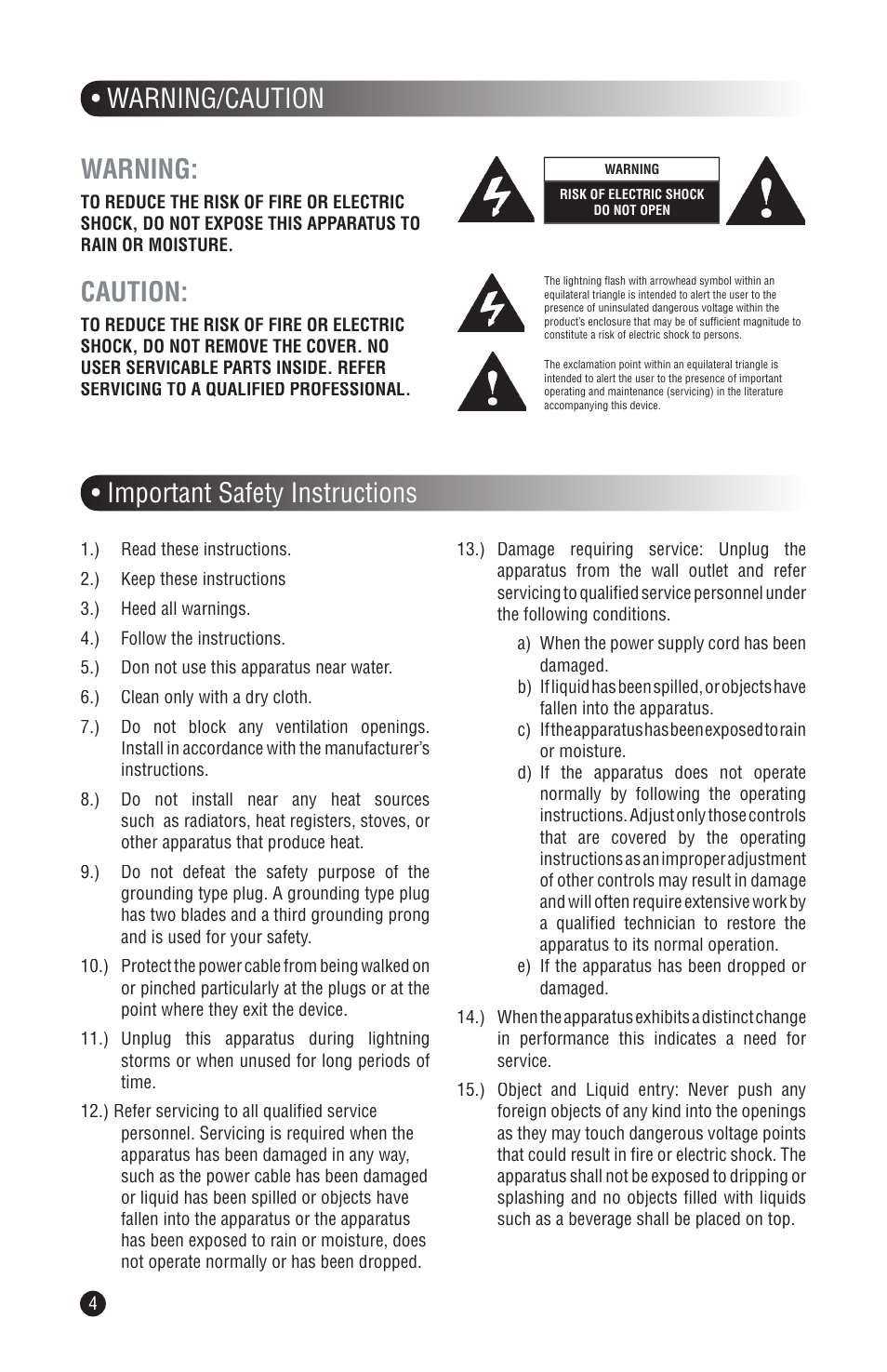 Warning, Caution, Important safety instructions | Warning/caution | Epifani UL Series User Manual | Page 4 / 12