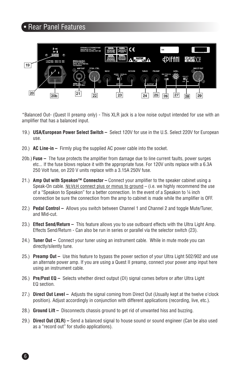 Rear panel features | Epifani UL Series User Manual | Page 6 / 12