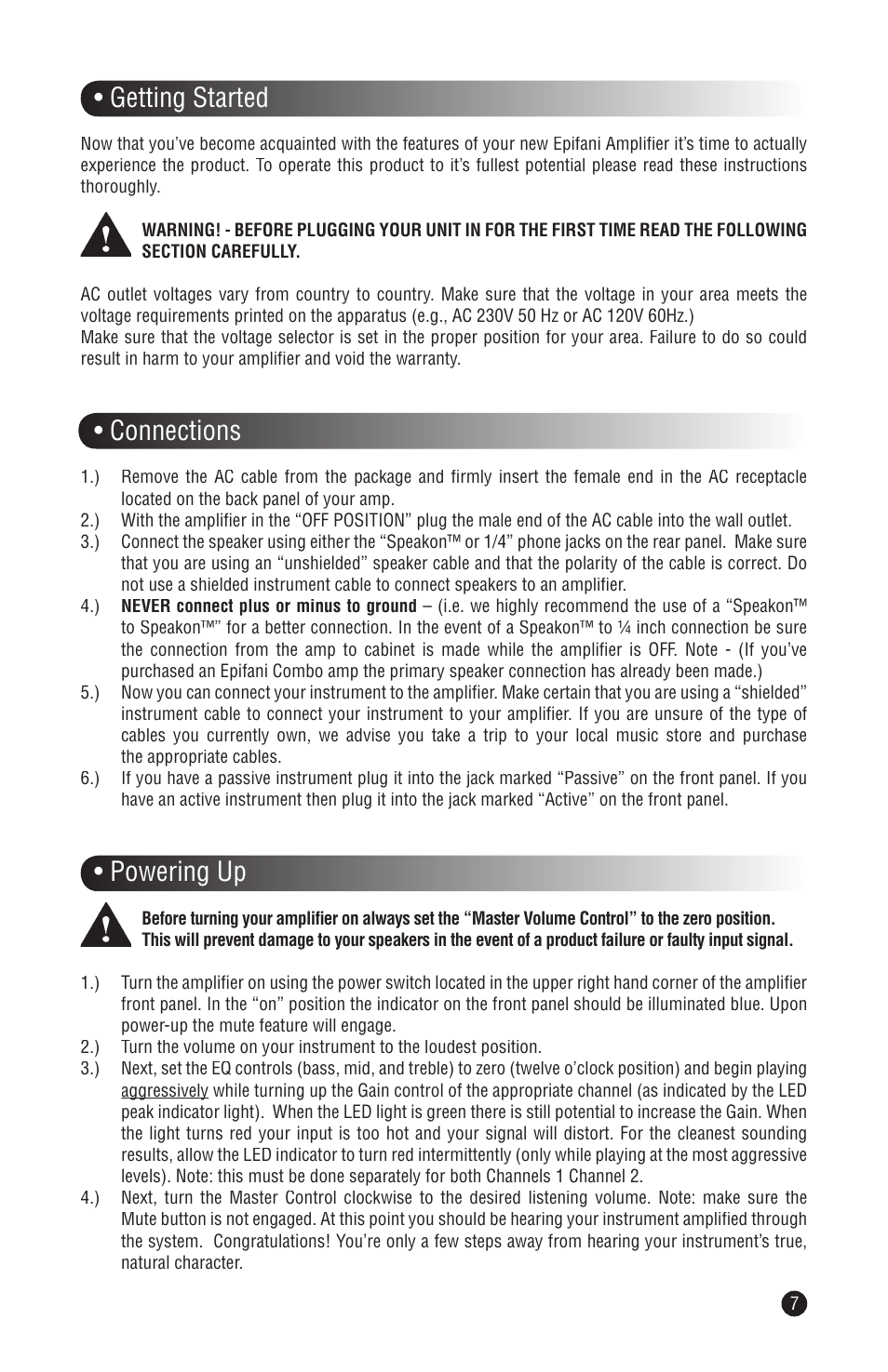 Getting started, Connections, Powering up | Epifani UL Series User Manual | Page 7 / 12