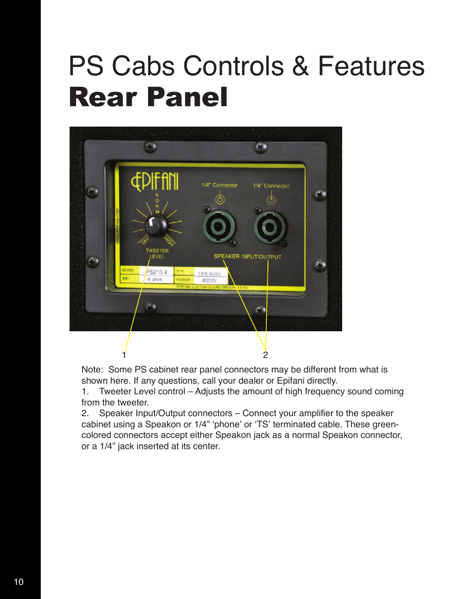 Ps cabs controls & features rear panel | Epifani PS Amplifiers and Cabinets User Manual | Page 10 / 16
