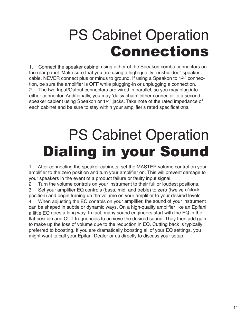 Ps cabinet operation connections, Ps cabinet operation dialing in your sound | Epifani PS Amplifiers and Cabinets User Manual | Page 11 / 16