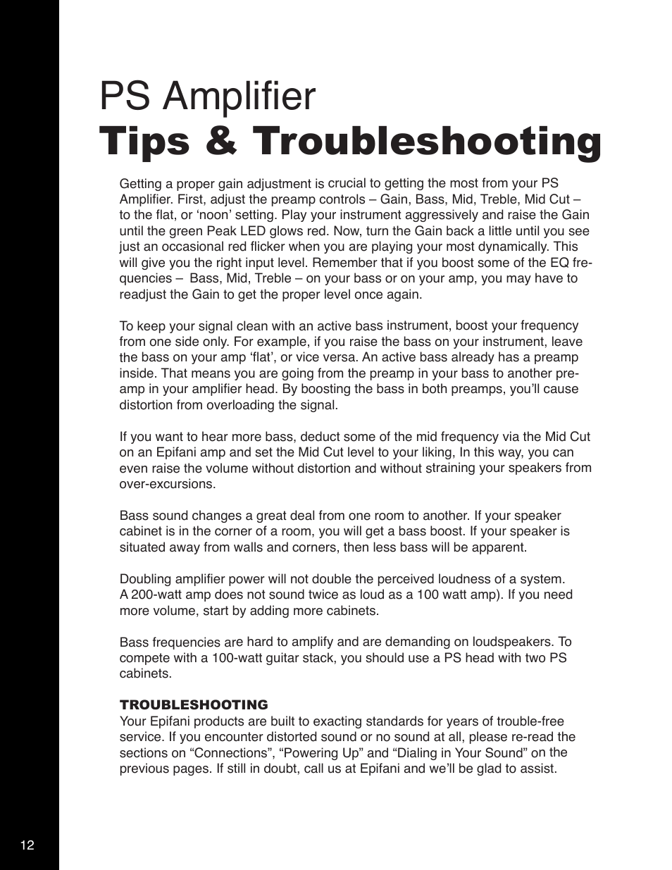 Ps amplifier tips & troubleshooting | Epifani PS Amplifiers and Cabinets User Manual | Page 12 / 16