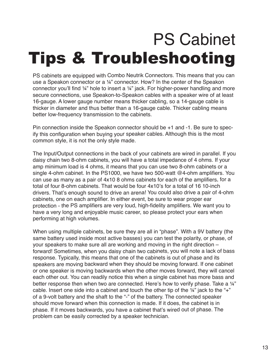 Ps cabinet tips & troubleshooting | Epifani PS Amplifiers and Cabinets User Manual | Page 13 / 16