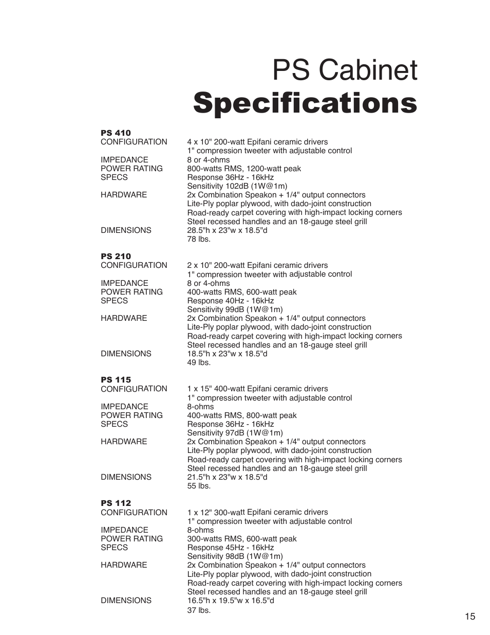 Ps cabinet specifications | Epifani PS Amplifiers and Cabinets User Manual | Page 15 / 16