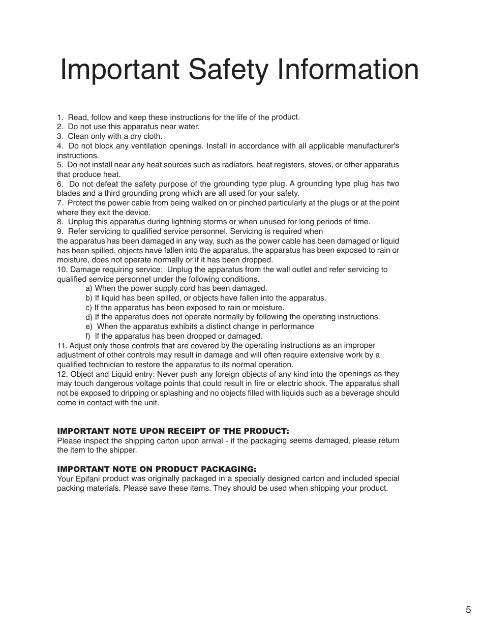 Important safety information | Epifani PS Amplifiers and Cabinets User Manual | Page 5 / 16