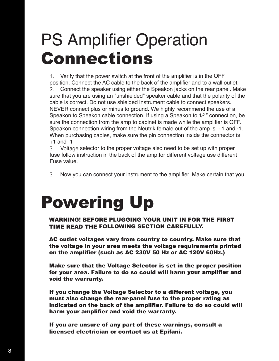 Ps amplifier operation connections, Powering up | Epifani PS Amplifiers and Cabinets User Manual | Page 8 / 16