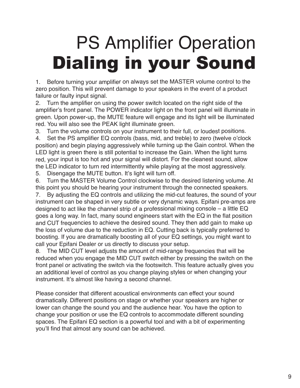 Ps amplifier operation dialing in your sound | Epifani PS Amplifiers and Cabinets User Manual | Page 9 / 16