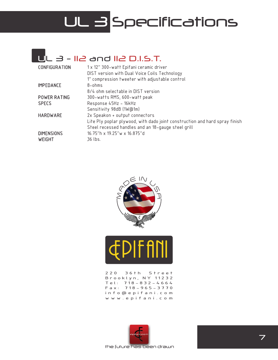 Ul 3 specifications | Epifani UL3 Cabinets User Manual | Page 7 / 8