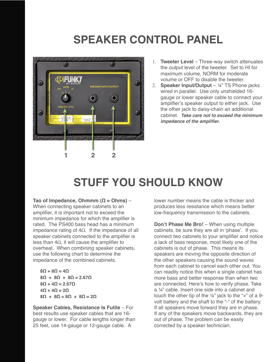 Stuff you should know, Speaker control panel | Epifani Epifunky Cabinets User Manual | Page 3 / 4