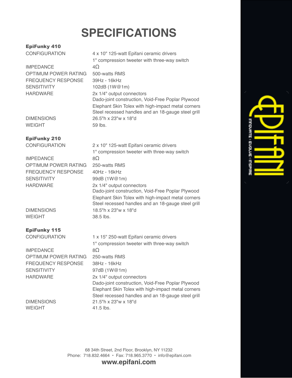 Specifications | Epifani Epifunky Cabinets User Manual | Page 4 / 4