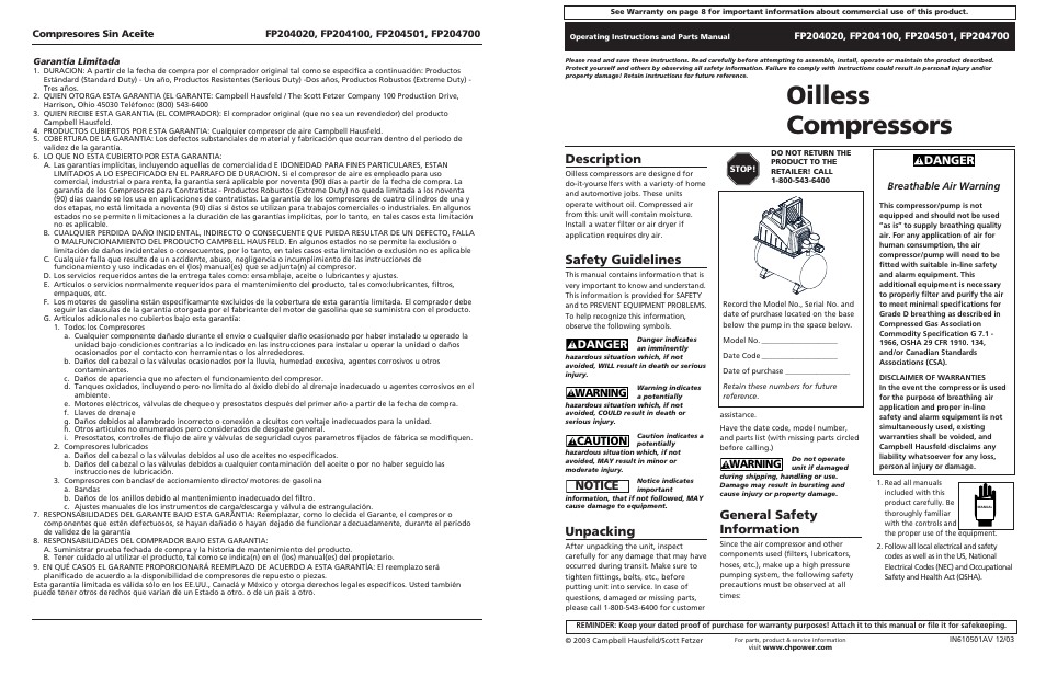 Campbell Hausfeld FP204020 User Manual | 12 pages