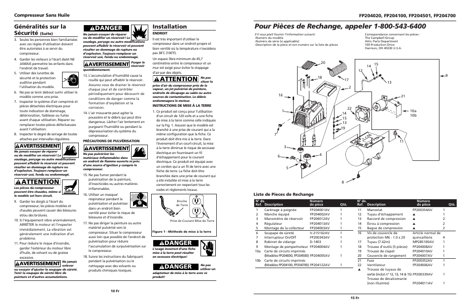 Attention, Danger, Généralités sur la sécurité | Installation, Avertissement, Compresseur sans huile | Campbell Hausfeld FP204020 User Manual | Page 10 / 12