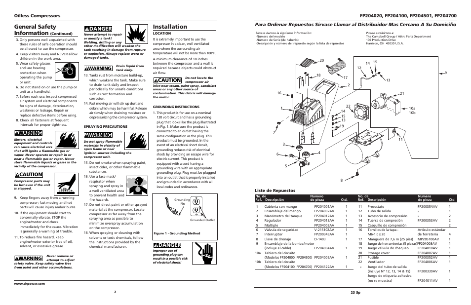 General safety information, Installation, Danger | Warning, Caution, Oilless compressors | Campbell Hausfeld FP204020 User Manual | Page 2 / 12