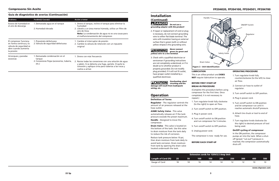 Installation, Operation, Danger | Caution, Warning, Continued), Compresores sin aceite | Campbell Hausfeld FP204020 User Manual | Page 3 / 12