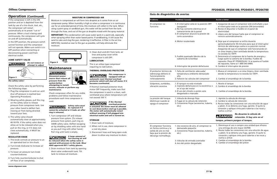 Operation, Maintenance, Danger | Warning, Caution, Continued), Oilless compressors | Campbell Hausfeld FP204020 User Manual | Page 4 / 12