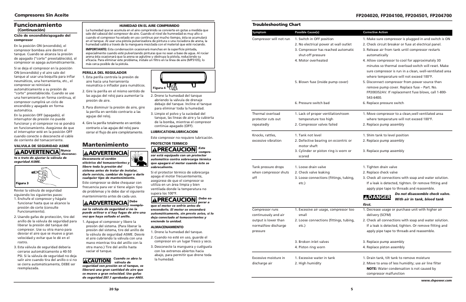 Precaucion, Funcionamiento, Advertencia | Mantenimiento, Danger, Caution, Compresores sin aceite | Campbell Hausfeld FP204020 User Manual | Page 5 / 12