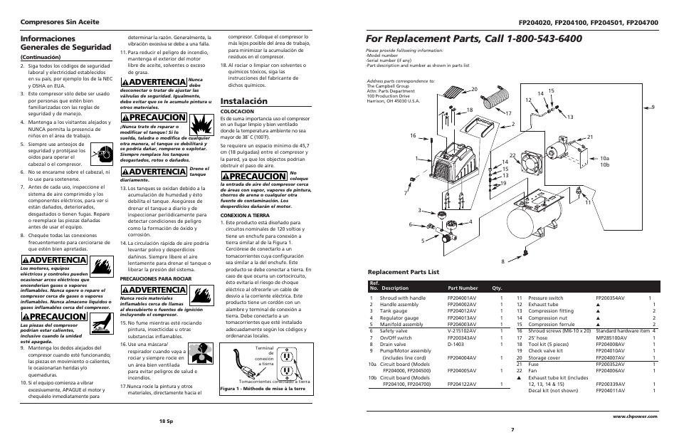 Precaucion, Advertencia, Instalación | Informaciones generales de seguridad, Compresores sin aceite | Campbell Hausfeld FP204020 User Manual | Page 7 / 12