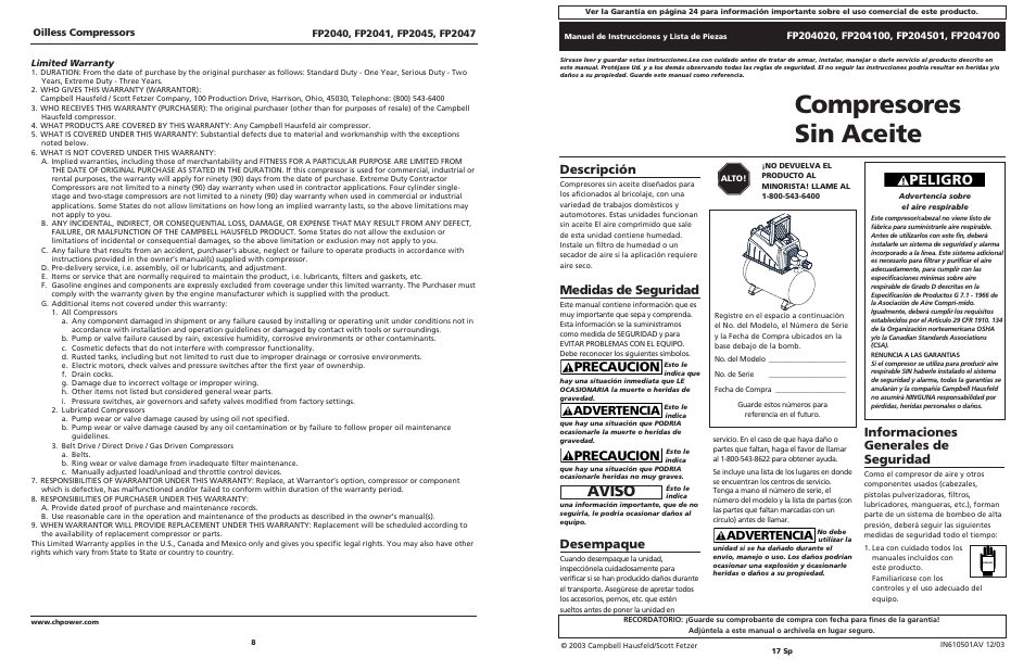 Compresores sin aceite, Aviso, Peligro | Precaucion, Informaciones generales de seguridad, Advertencia, Descripción, Medidas de seguridad, Desempaque | Campbell Hausfeld FP204020 User Manual | Page 8 / 12