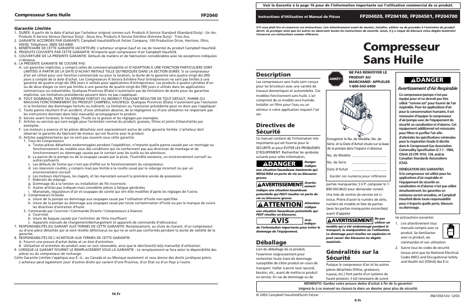 Compresseur sans huile, Avis, Attention | Danger, Généralités sur la sécurité, Description, Directives de sécurité, Déballage, Avertissement, Avertissement d’air respirable | Campbell Hausfeld FP204020 User Manual | Page 9 / 12