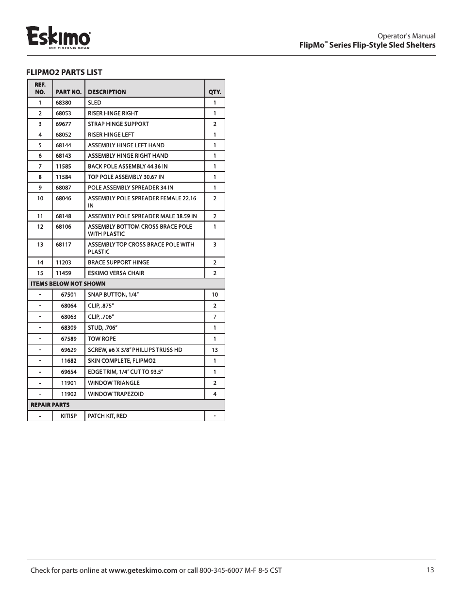 Flipmo, Series flip-style sled shelters | Eskimo 11597 User Manual | Page 13 / 16