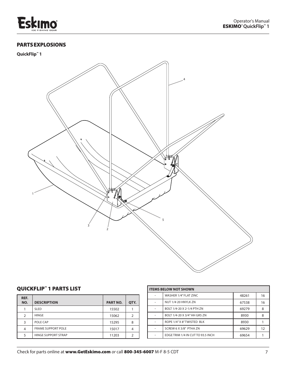 1 parts list, Parts explosions, Eskimo | Quickflip | Eskimo 15300 User Manual | Page 7 / 8