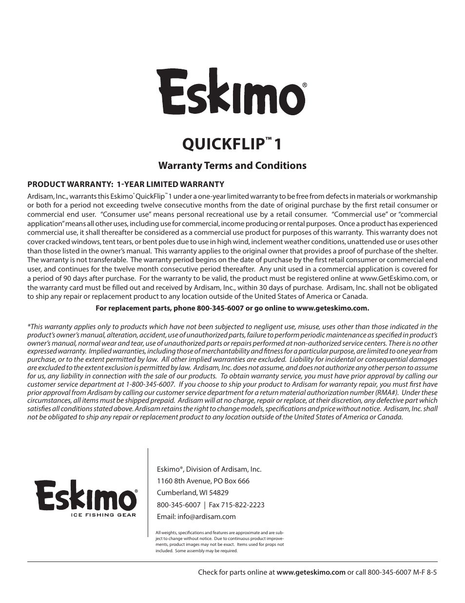 Quickflip, Warranty terms and conditions | Eskimo 15300 User Manual | Page 8 / 8