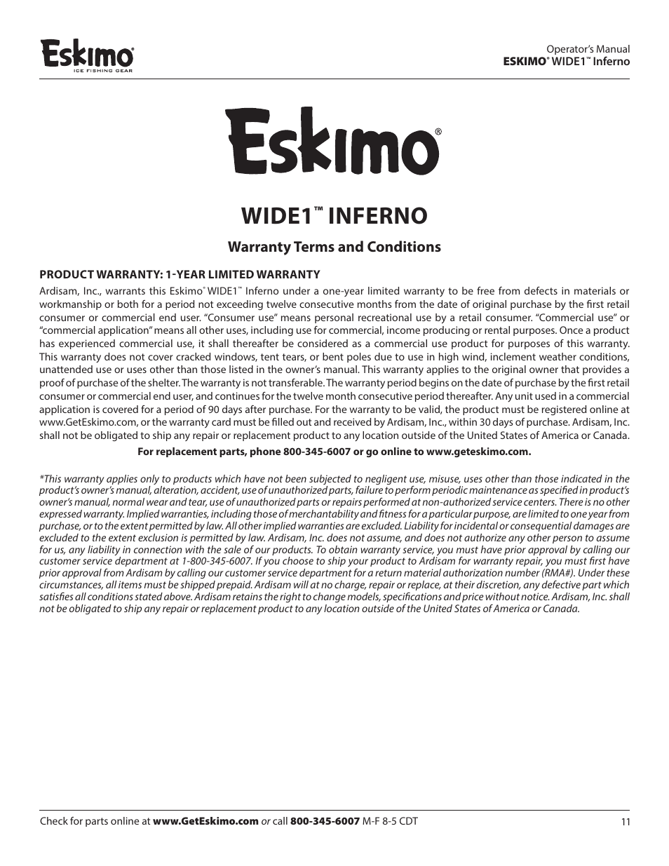 Wide1, Inferno, Warranty terms and conditions | Eskimo 15350 User Manual | Page 11 / 12