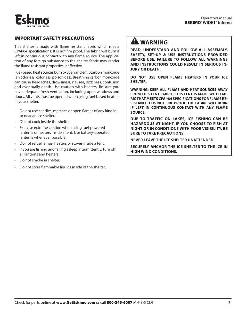 Warning | Eskimo 15350 User Manual | Page 3 / 12